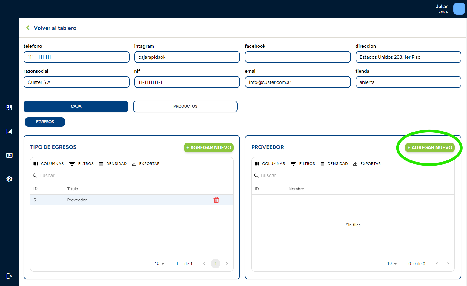 Ubicación del botón de configuración en CajaRápida